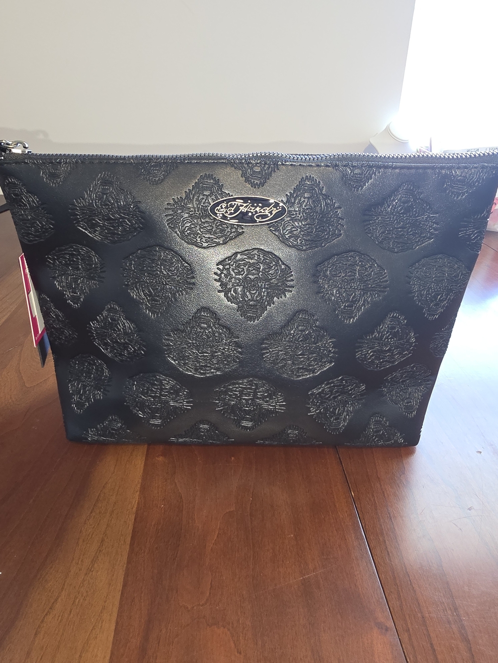 Ed Hardy Black Embossed Cosmetics Zip Pouch, New with Tags!